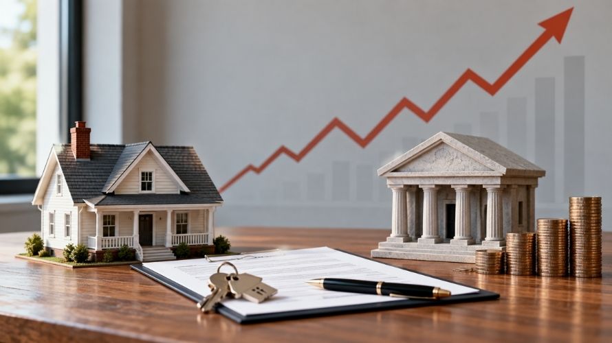 A house, mortgage contract, bank, and rising interest-rate chart illustrate long-term mortgage risk for lenders.
