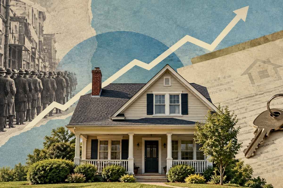 A small house and a rising chart symbolize how the Great Depression helped lead to the modern 30 year mortgage.