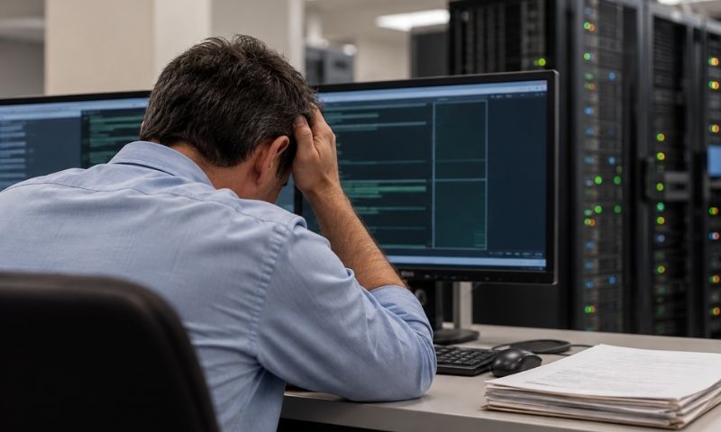 IT worker holds his head in front of a computer in a server room.