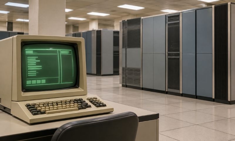 Vintage computer terminal with a green screen in a mainframe data center.
