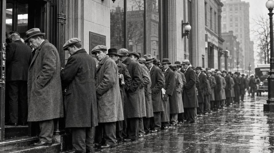 Men wait outside a bank during the Great Depression amid widespread economic panic in the 1930s.
