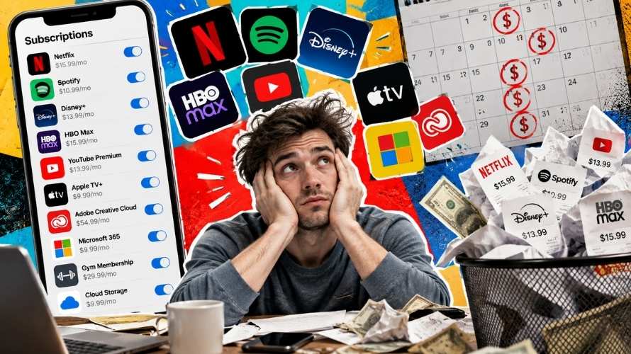 A frustrated man sits at a cluttered desk surrounded by streaming subscriptions, recurring charges, and crumpled receipts.