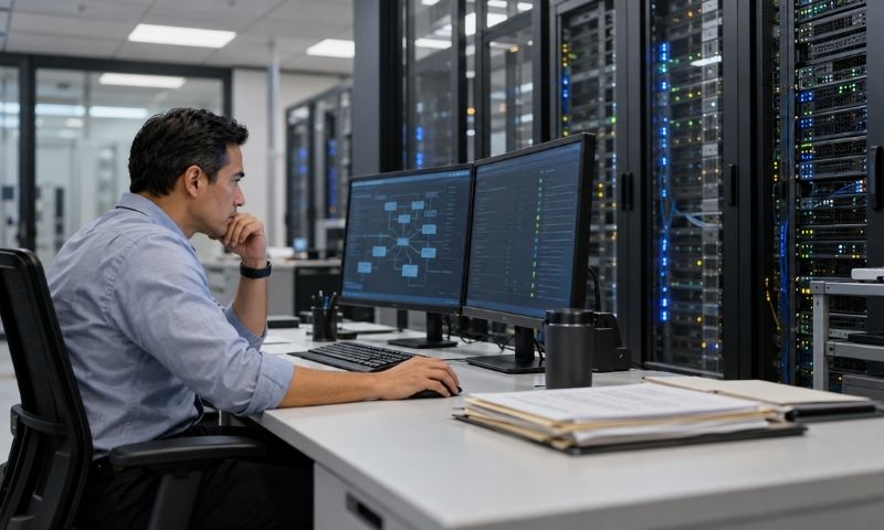 IT specialist reviews system architecture in a modern data center.
