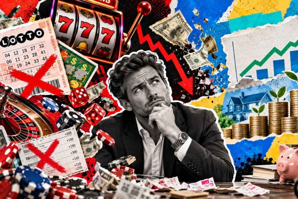 Man choosing between lottery and casino bets on one side and long-term investment growth on the other.
