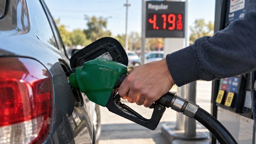 A driver fills a car with regular gasoline priced at about $4.19 per gallon.