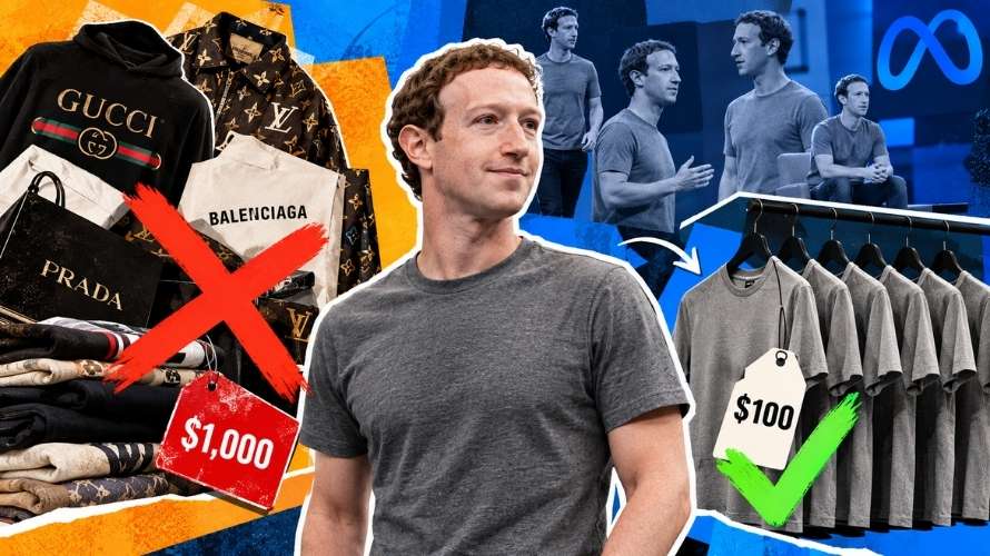 Mark Zuckerberg in a gray T-shirt beside luxury designer clothes and a rack of simple shirts.