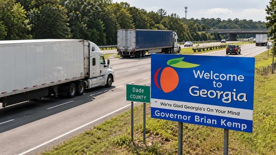 Commercial trucks travel past a Welcome to Georgia sign on a busy interstate.