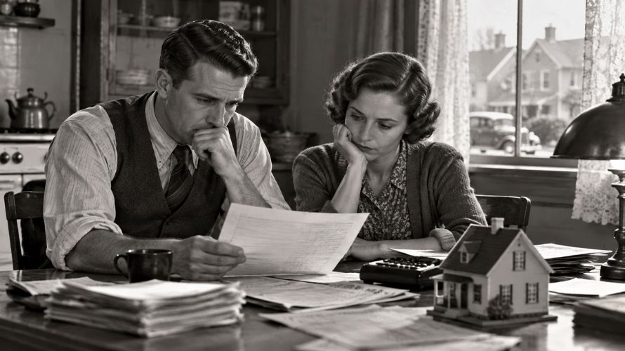 A 1930s couple reviews mortgage papers and household finances at their kitchen table.