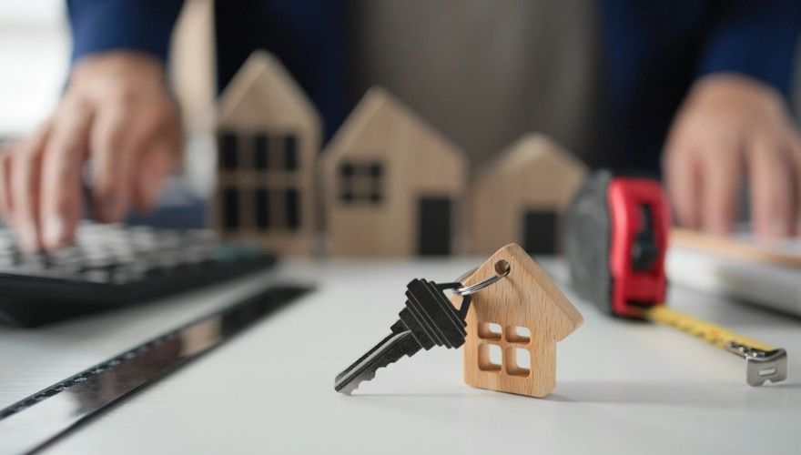 House key beside model homes and measuring tools representing affordable housing.