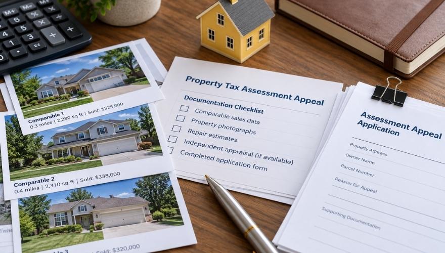 Property tax assessment appeal documents, comparable home sales photographs, and a documentation checklist arranged on a desk.