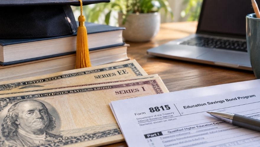 U.S. savings bonds alongside IRS Form 8815, a graduation cap, and college textbooks, illustrating income limits and tax exclusions for education expenses.