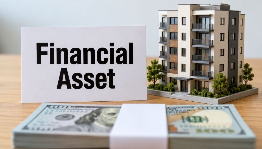 Model apartment building beside cash and a sign labeled Financial Asset.