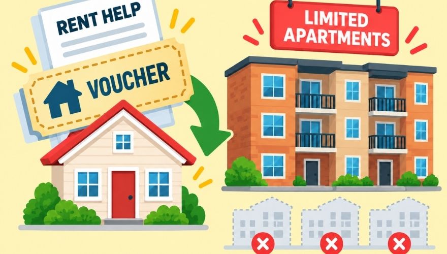 Illustration showing a rent voucher helping a household while limited apartment supply restricts housing availability.