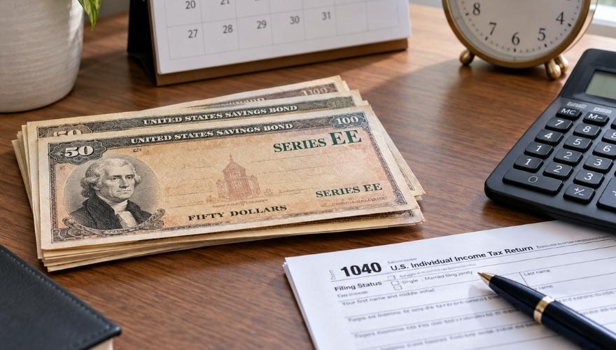 U.S. Series EE savings bonds beside an IRS Form 1040, calendar, clock, and calculator, illustrating when savings bond interest becomes subject to federal income tax.
