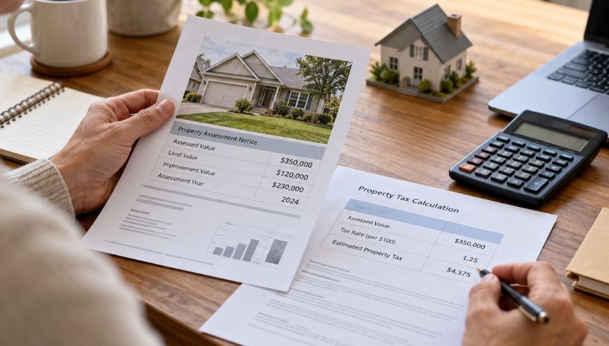 Homeowner reviewing property tax assessment documents and calculating estimated property taxes at a desk with a calculator and house model.
