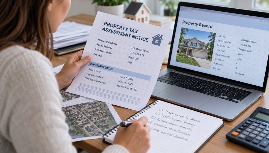 Homeowner reviewing a property tax assessment notice and comparing property records on a laptop before filing an appeal.