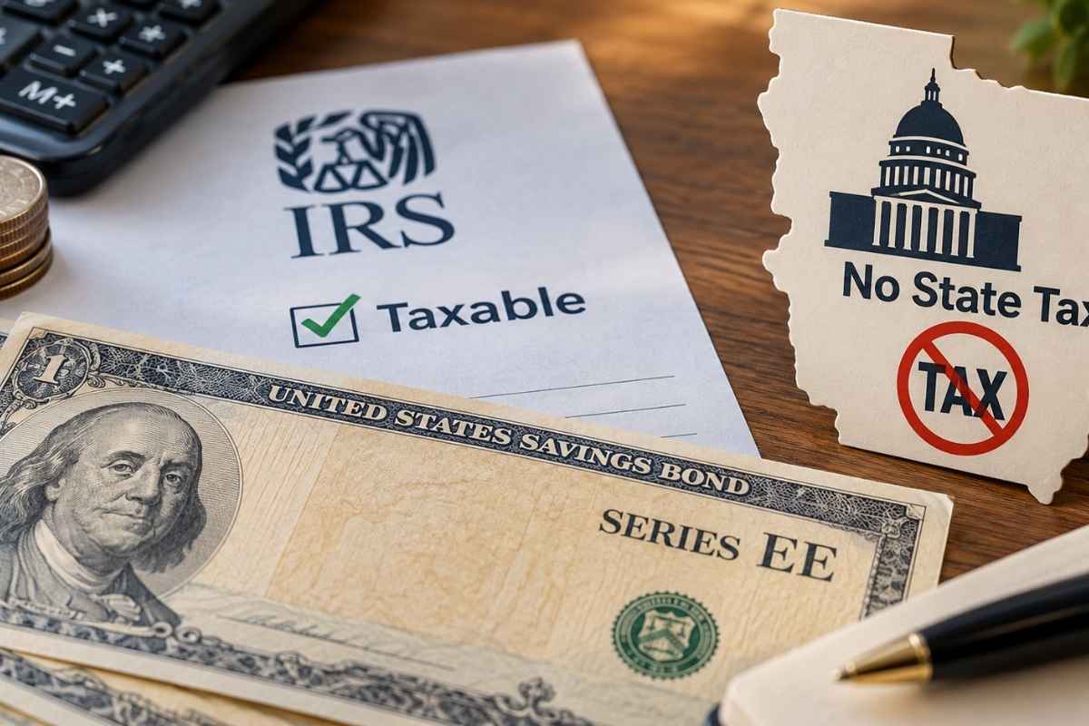 U.S. Series EE savings bonds beside an IRS tax document and a no state tax sign, illustrating federal income tax on bond interest and state tax exemptions.