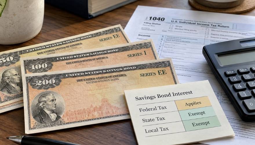 U.S. Series EE and Series I savings bonds beside IRS Form 1040 and a tax comparison chart showing that bond interest is subject to federal income tax but exempt from state and local income taxes.