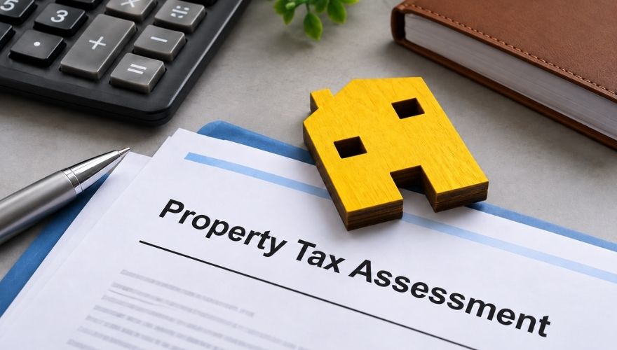 Yellow wooden house model on a property tax assessment document, with a calculator, silver pen, and brown notebook on a desk.