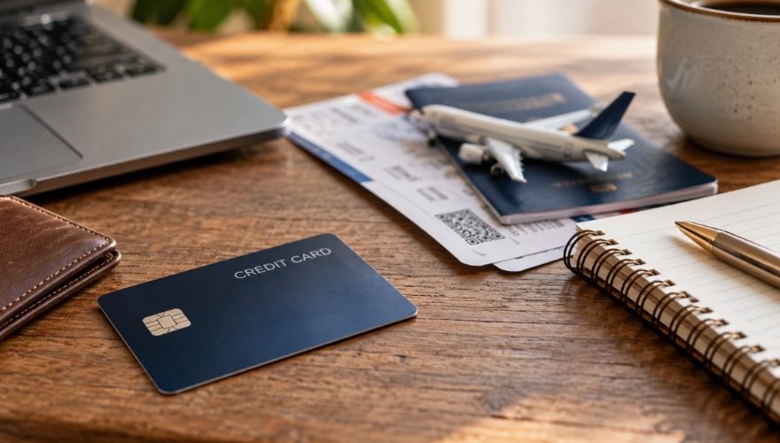 Credit card beside travel documents, a passport, and a small airplane on a wooden desk.